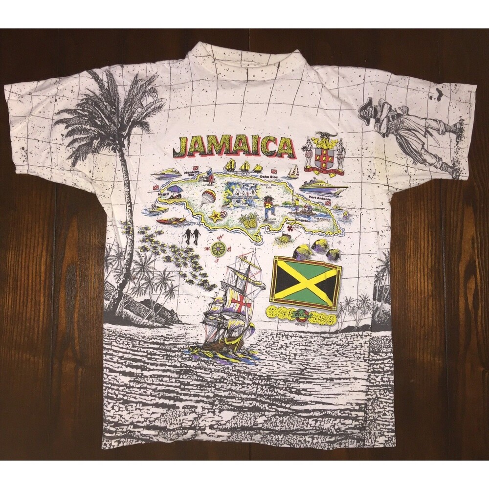 VTG JAMAICA All-Over Print TShirt ISLAND BOYZ Messina Beach Map Island PIRATE XL